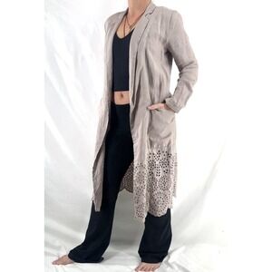 100% Linen Boho Eyelet Jacket XS Coastal Minimalist Festival Long Open Duster